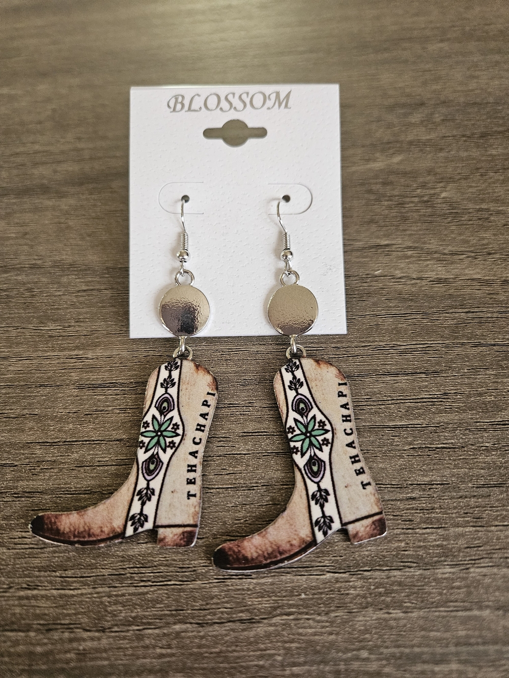 Blossom Western Boot Dangle Earrings - White & Green